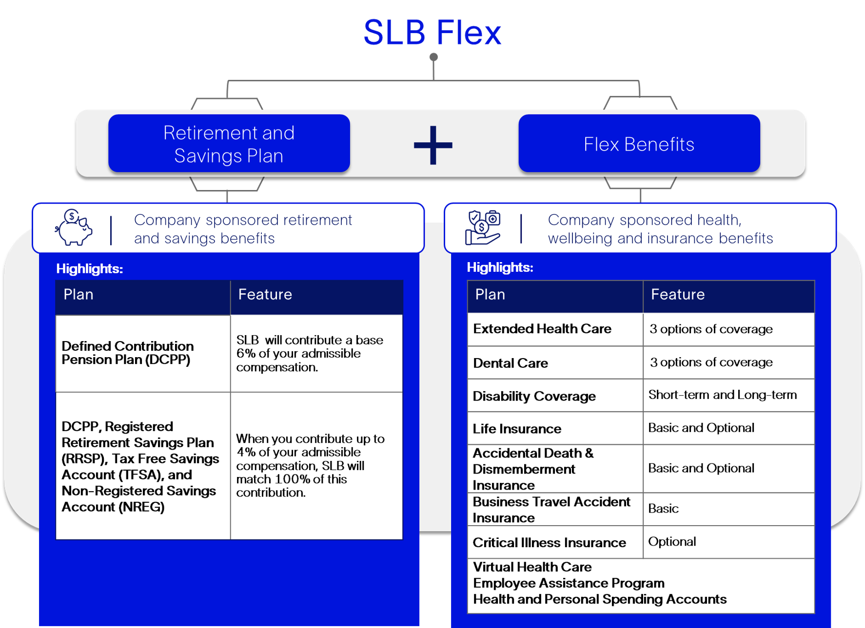 This infographic showcase SLB Retirement & Savings and Flex Benefits plans and their features.
